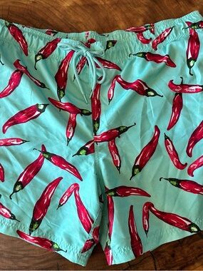 George Aqua Swim Trunks with Red Chili Print